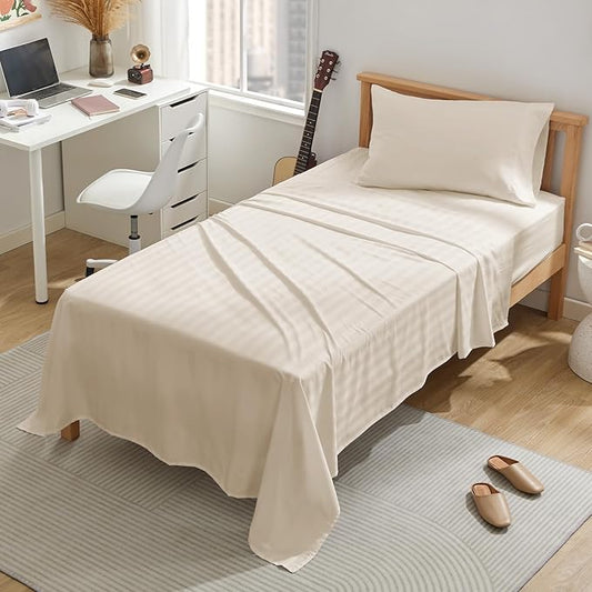 SLEEP ZONE Striped Cooling Twin Sheets Set for Kids - Fitted Flat Sheet & Pillowcase Sets 3 Piece - Super Soft Stripe Bed Sheet, Easy Care, Deep Pocket (Beige, Twin)
