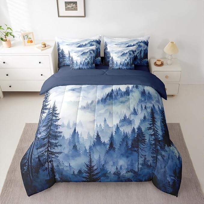 Erosebridal Blue Misty Forest King Bedding Set 7 Piece Mountain Foggy Woodland Bed in A Bag with Sheets Rustic Pine Tree Comforter Set for Kids Adults,Watercolor Nature Theme Bed Sets