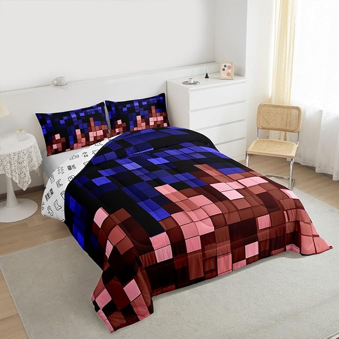 Pixelated Miners Game Kids Comforter Set Twin Size,Geometric Check Video Games Bedding Set Boys Girls Room Decor,Gamepad Grid Gaming Quilt Comforter,Blue Red Duvet Set Bedroom Quilt Set,1 Pillowcase