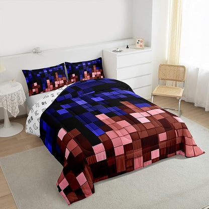 Pixelated Miners Game Kids Comforter Set Twin Size,Geometric Check Video Games Bedding Set Boys Girls Room Decor,Gamepad Grid Gaming Quilt Comforter,Blue Red Duvet Set Bedroom Quilt Set,1 Pillowcase