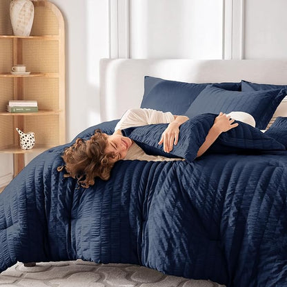 MUXHOMO 7 Pieces California King Comforter Set, Seersucker Bed in a Bag Cal King Size, All Season Luxury Bedding Set with Comforter, Flat Sheet, Fitted Sheet, Pillowcases & Shams, Navy Blue