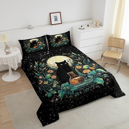 Cute Cat Kids Bedding Set Queen Size,Flower Leaves Comforter Set Moon Night Starry Sky Quilt Set for Girls Boys Teens Room Decor,Trippy Pet Animals Plant Duvet Insert,2 Pillowcases,Black