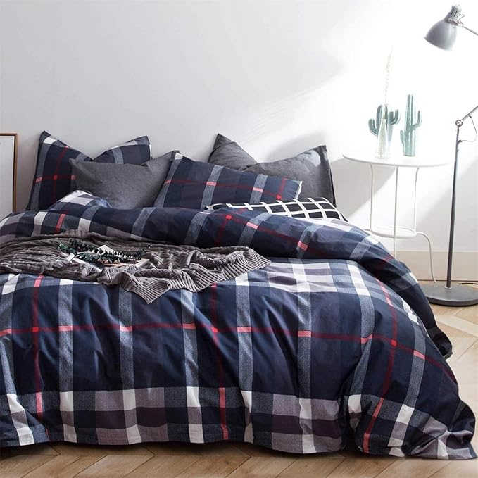Cottonight Navy Blue Plaid Comforter Set King Buffalo Checkered Comforter Lightweight Blue Grid Bedding Set Super Soft Blue Red and White Plaid Bedding Set for Men Boys Adults