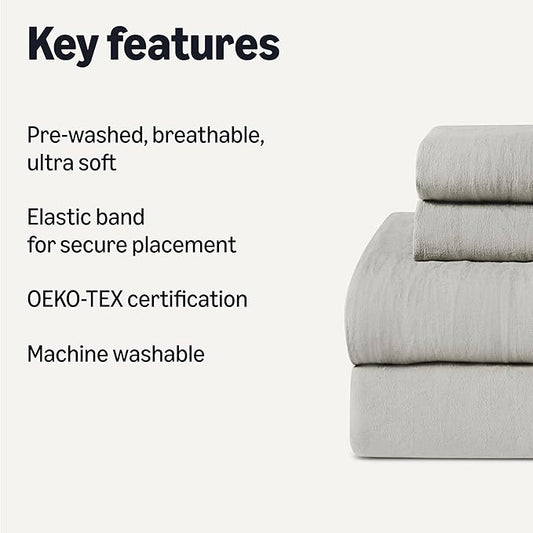 Amazon Basics King Bed Sheet, 4-Piece Bedding Set, Double Brushed Microfiber, Ultra Soft, Easy Care, Grey