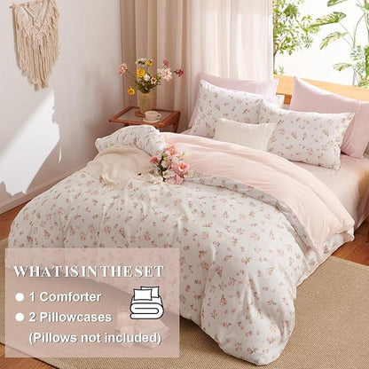 Floral Comforter Set King Size - 3 Pieces Pink White Floral Comforter Bedding Sets Reversible Pattern,King Bed in a Bag with Flowers Comforter and 2 Pillowcases