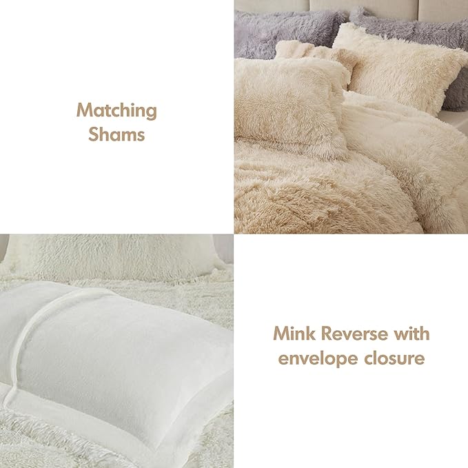 Intelligent Design Long Shaggy Faux Fur Comforter Set, Soft Plush Reverse, Chic Ombre Design Queen Size Comforter Sets, All Season Bedding Set, Matching Sham, Brielle, Full/Queen(90"x90") Natural