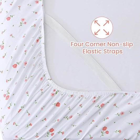Softan Pink Flower Sheets for King Size Bed - 4 Piece Microfiber Floral Sheet Set with 15" Deep Pocket, Cute Pink Spring Flower Sheets and Pillowcase Set