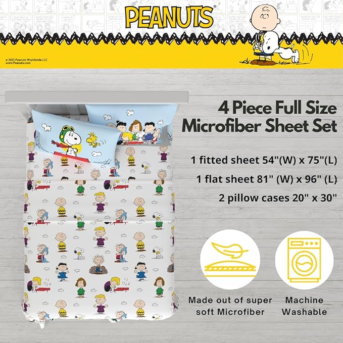 Collectibles Peanuts Snoopy Bedding Super Soft Cozy Microfiber 4 Piece Full Sheet Set, (Officially Licensed Product) By Franco