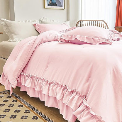AIKASY Peach Pink Ruffle Comforter King, 3 Pieces Vintage Ruffle Fringe Comforter, Farmhouse Rustic Microfiber Down Alternative Bedding Comforter Set (1 Comforter + 2 Pillow Shams)