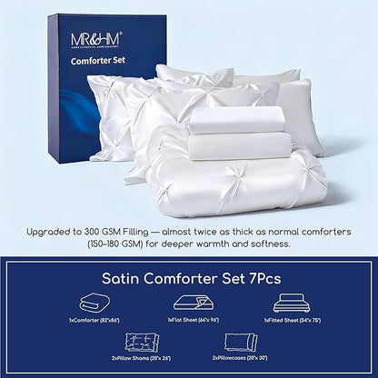 MR&HM Satin Comforter Full 7 Pieces - Luxurious Pinch Pleat Bedding Set with Comforter, Flat Sheet, Fitted Sheet, Pillowcases & Shams, Super Silky Soft Bed Set for All Season (Full, White)