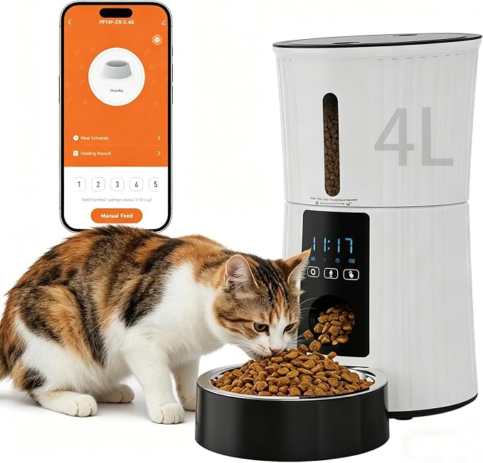DUMOS 4L Automatic Cat Feeder, Dog Food Dispenser with APP Control, White | 2.4G WiFi, 10s Voice Recorder, Dual Power, Desiccant Bag, Stainless Steel Bowl, Programmable Feeder for Small Cats and Dogs