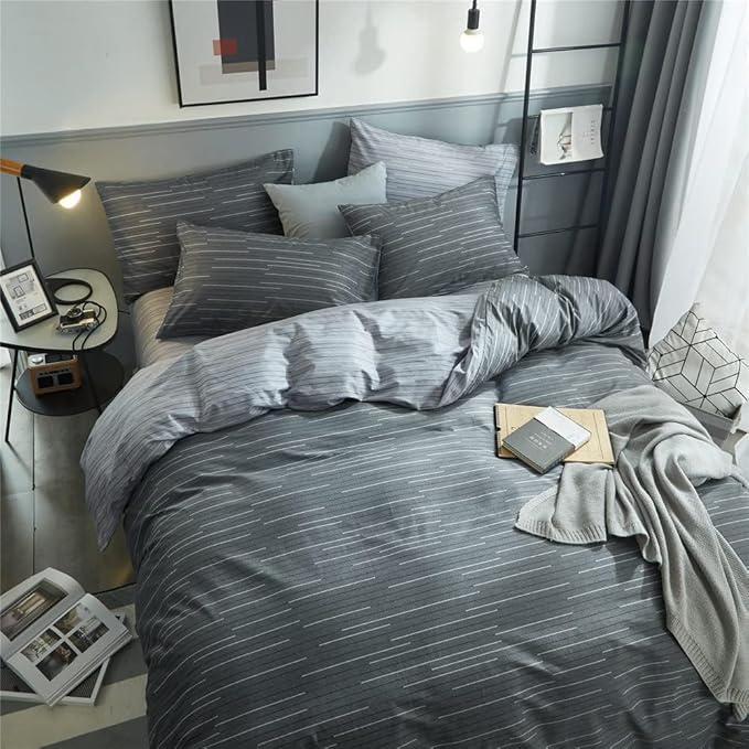 LifeTB 100% Cotton Striped Duvet Cover Set Full Size Geometric Grey Stripes Pattern Printed Bedding Set Modern Style Striped Comforter Cover for Men Boys Teens 1 Full Duvet Cover with 2 Pillowcases