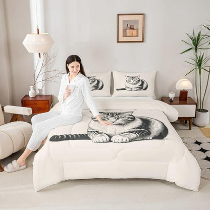 Erosebridal Kitten Bedding Set Queen Size Sketch Cat Comforter Set for Kids Boys Girls 3D Kawaii Pet Animal Cute Beige Grey Comforter Warm Soft Quilt Insert