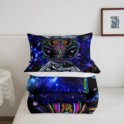 Feelyou Alien Printed Comforter Kids Galaxy Outer Space Themed Bedding Set Boys Girls Trippy Alien Hippie Skull Decor Comforter Set Colorful Tie Dye Quilted Duvet Bedroom Bed Set Twin Size…
