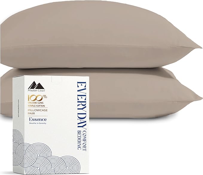 Mayfair Linen 100% Organic Cotton King Size Pillow Cases Set of 2 - Soft Hotel Quality Covers for King Size Pillows (Taupe), Authentic GOTS Certified, Crisp, Cooling Percale Weave Cotton Pillowcases