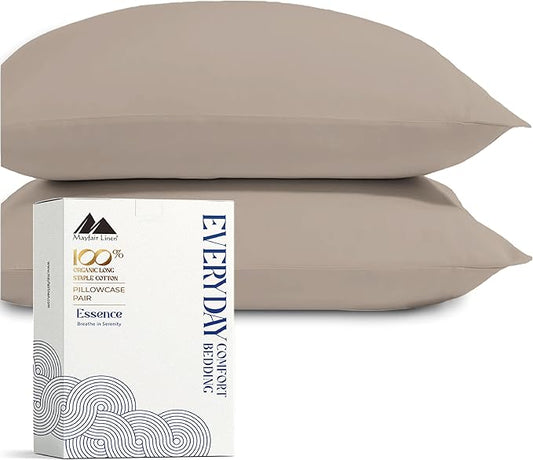 Mayfair Linen 100% Organic Cotton Percale Pillow Cases Queen/Standard Size Set of 2 - Percale Pillowcovers Standard/Queen (Taupe), Soft Cooling Pillow Case for Sleeping, Cotton Pillowcases