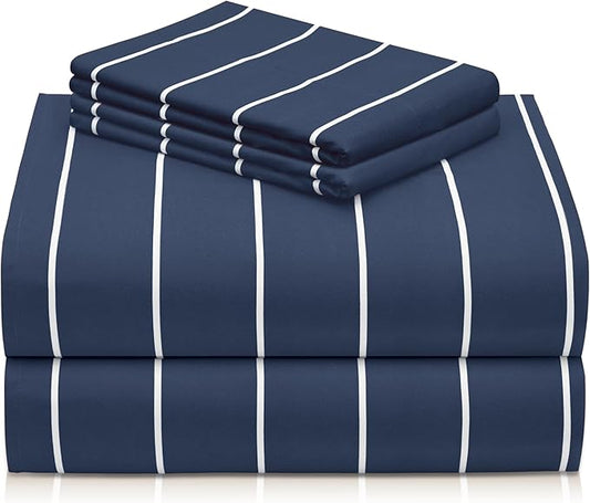 LuxClub 4 PC King Size Sheet Set, Breathable Luxury Bed Sheets, Deep Pockets 18" Wrinkle Free Cooling Machine Washable Hotel Bedding (Striped Navy)