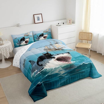 Erosebridal Black Cat Quilt Insert King Size Shark Bedding Set for Kids Girls Boys Safari Kitten Sea Waves Marine Nautical Blue Comforter Warm Soft Comforter Set