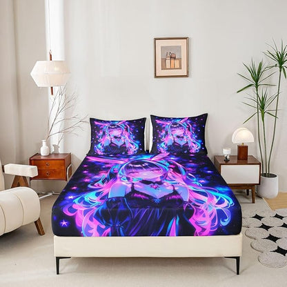Erosebridal 3D Mushroom Girls Sheets for Boys Girls Japanese Modern Fashion Fitted Sheet,Abstract Graffiti Kids Bedding Sets Watercolor Aesthetic Bed Sets Queen 3 Piece