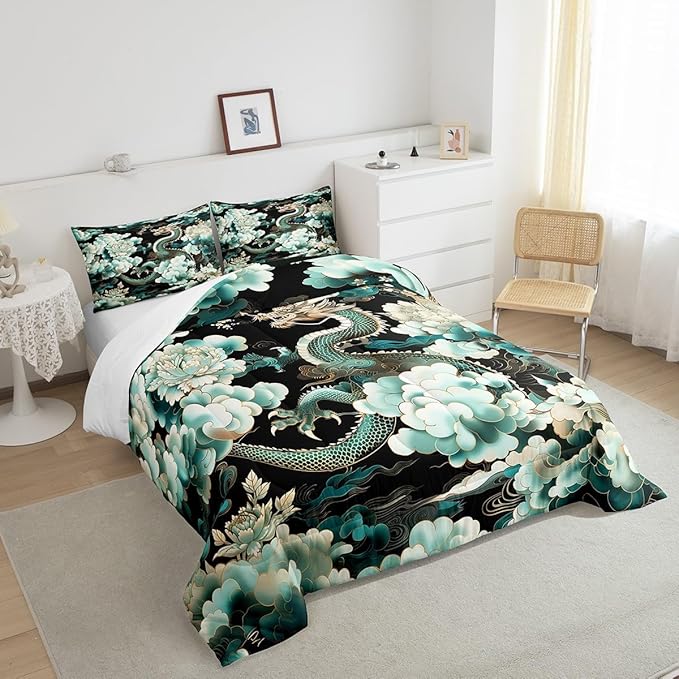 Castle Fairy Chinese Loong Twin Size Comforter Set,Propitious Cloud Peony Flower Duvet Set Soft Bed Collection,Dragon Bedding Comforter for Boys Girls Bedroom,2 Pcs