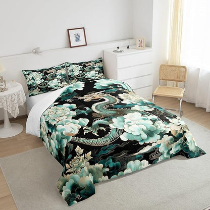 Castle Fairy Chinese Loong Twin Size Comforter Set,Propitious Cloud Peony Flower Duvet Set Soft Bed Collection,Dragon Bedding Comforter for Boys Girls Bedroom,2 Pcs