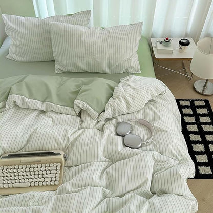 Nayoroom Green Striped Duvet Cover Queen Size 100% Washed Cotton Duvet Cover Linen Like Textured, Reversible 3 Pieces Soft Breathable Yarn-Dyed Stripe Girls Dorm Bedding Set for All Seasons