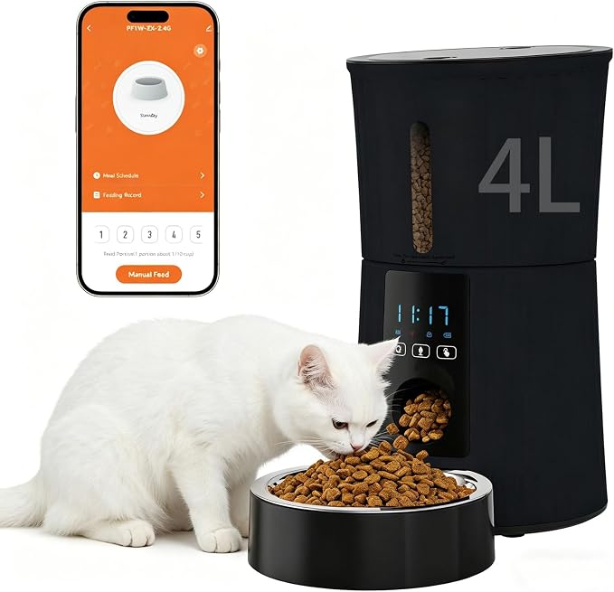 DUMOS 4L Automatic Cat Feeder, Dog Food Dispenser with APP Control, Black | 2.4G WiFi, 10s Voice Recorder, Dual Power, Desiccant Bag, Stainless Steel Bowl, Programmable Feeder for Small Cats and Dogs