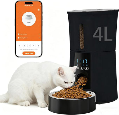 DUMOS 4L Automatic Cat Feeder, Dog Food Dispenser with APP Control, Black | 2.4G WiFi, 10s Voice Recorder, Dual Power, Desiccant Bag, Stainless Steel Bowl, Programmable Feeder for Small Cats and Dogs