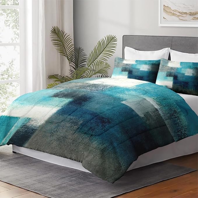 Twin Size Comforter Set with Pillowcase, Painting Contemporary Teal Turquoise Grey Soft 2 Pcs Bedding for Kids and Adults Bedroom Bed Decor