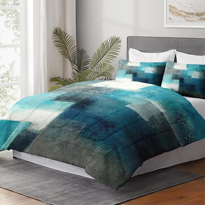 Queen Size Comforter Set with 2 Pillowcases, Painting Contemporary Teal Turquoise Grey Soft 3 Pcs Bedding for Kids and Adults Bedroom Bed Decor
