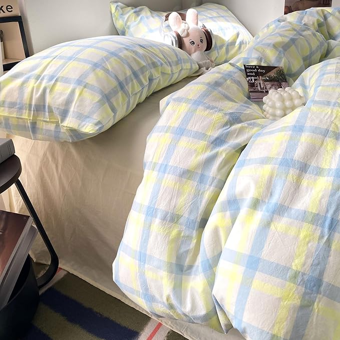 EAVD Buffalo Plaid Duvet Cover Twin Soft Washed Cotton Bedding Set Yellow Blue Grid Checkered Bedding Set with 2 Pillowcases Vintage Style Gingham Duvet Cover with Zipper Closure