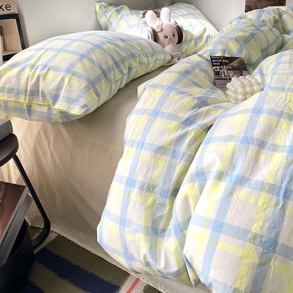 EAVD Buffalo Plaid Duvet Cover Twin Soft Washed Cotton Bedding Set Yellow Blue Grid Checkered Bedding Set with 2 Pillowcases Vintage Style Gingham Duvet Cover with Zipper Closure
