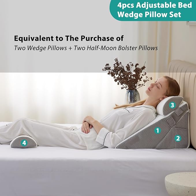 Adjustable 4pcs Bed Wedge Pillow Set, Memory Foam Wedge Pillows Post Surgery for Back, Neck, Leg Pain Relief, Pillow Wedge for Sleeping, Sitting up in Bed, Acid Reflux and GERD, White/Grey