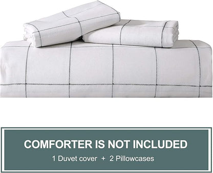 JELLYMONI 100% Natural Cotton 3pcs Plaid Duvet Cover Sets,White with Black Grid Geometric Pattern Printed Comforter Cover,with Zipper Closure & Corner Ties(Oversized King Size)