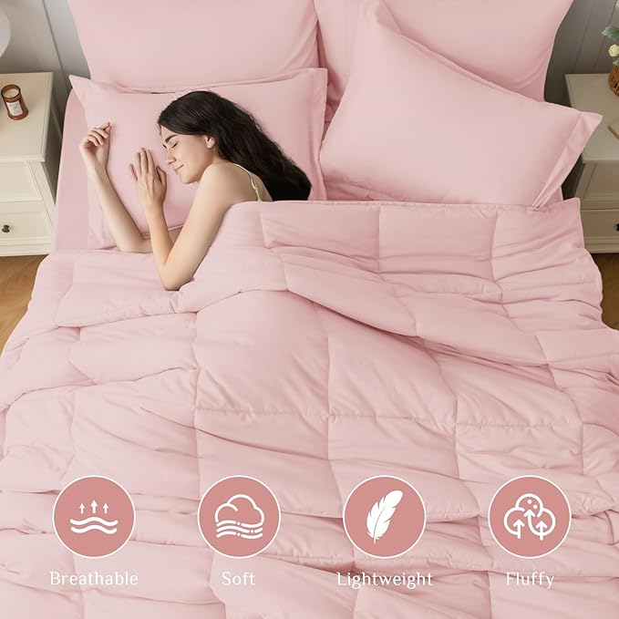 JOLLYVOGUE Twin Comforter Set, Ultra-Soft Bed in a Bag Twin Size 5 Pieces, Oeko-TEX Certified Bedding Set with Down Alternative Comforter, Sheets, Pillowcases & Shams, Blush Pink