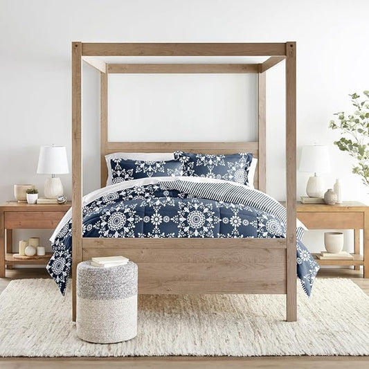 LINENS & HUTCH Comforter Set Patterned Microfiber All Season Down-Alternative Ultra Soft Bedding in Daisy Medallion - Twin/TwinXL Daisy Medallion Navy