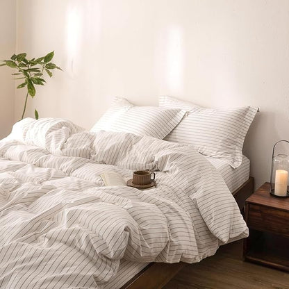 Stripe Duvet Cover California King Size 104inch x 98inch,100% Washed Cotton Linen Feel Duvet Cover with Zipper Closure and 2 Pillowcases, Color of Off White-Linen Grey Stripe