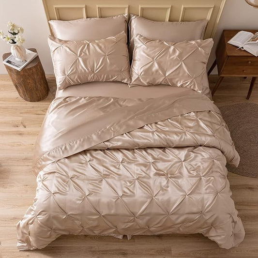 MR&HM Satin Comforter Twin XL 5 Pieces - Luxurious Pinch Pleat Bedding Set with Comforter, Flat Sheet, Fitted Sheet, Pillowcase & Sham, Super Silky Soft Bed Set for All Season (Twin XL, Champagne)