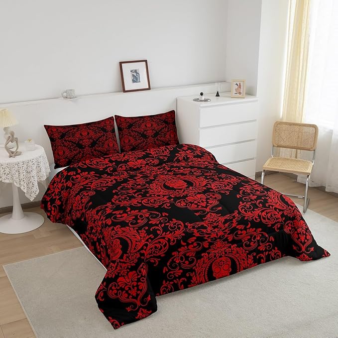 Feelyou Adults Red Vintage Damask Floral Comforter Set Oriental Antique Comforter Twin Size Gothic Bohemia Boho Bedding Set Exotic Sugar Skull Duvet Set Quilt Set 2Pcs