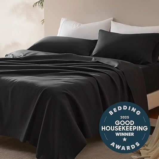 SLEEP ZONE Nanotex Super Soft Cooling King Bed Sheets Set 4 Piece - Easy Care Fitted Flat Sheet & Pillowcase Sets - Wrinkle Free, Fade Resistant, Deep Pocket 16" (Black, King)