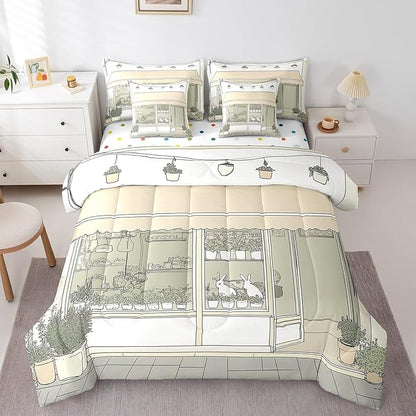jejeloiu Cute Anime Bedding Set 7Pcs Full Size Kids Rabbit Japanese Street Comforter Set with Sheets for Boys Girls Bunny Bed in a Bag Soft Lightweight,Microfiber