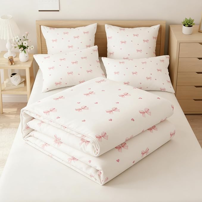 Nayoroom Pink Bow Comforter Set Full Size Coquette Pink Heart Comforter 3 Pieces Soft Lightweight Kids Girls Cute Aesthetic Dorm Bedding Set for All Seasons