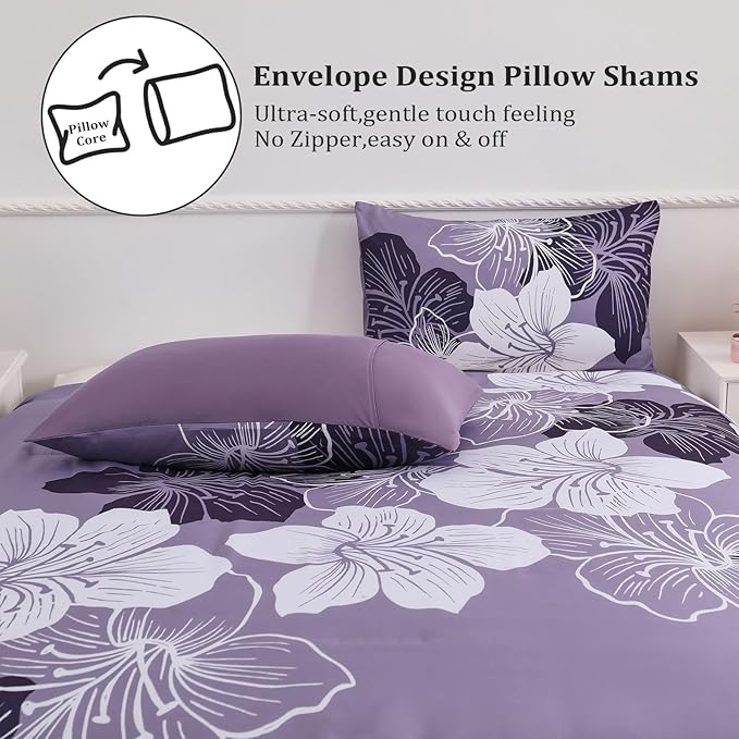 Menghomeus King Size Comforter Set Dark Purple Floral Bedding Comforter Sets Soft Microfiber Bed Comforter Set for All Season, 3 Piece Botanical Flowers Comforter, Pillowcases