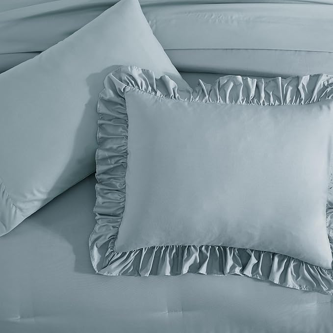 Full Comforter Set Dusty Blue, Ruffle Shabby Chic Bedding Set Farmhouse 7 Pieces, All Season Fluffy Bed in a Bag with Sheets, Pillowcases & Shams