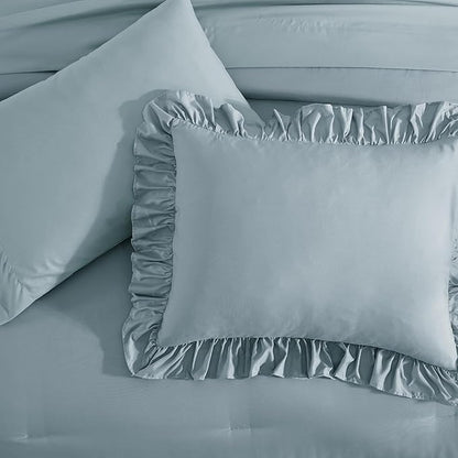 Full Comforter Set Dusty Blue, Ruffle Shabby Chic Bedding Set Farmhouse 7 Pieces, All Season Fluffy Bed in a Bag with Sheets, Pillowcases & Shams