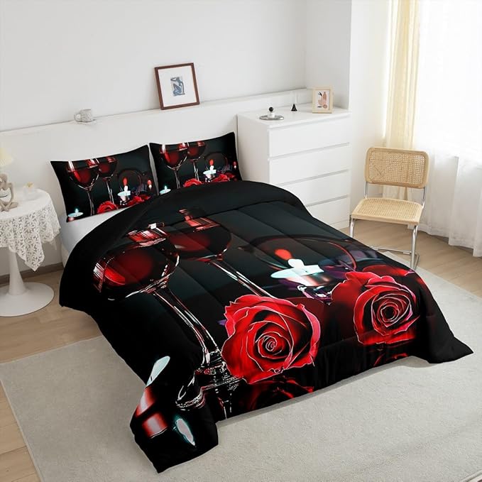 Erosebridal 3D Rose Wine Glass Bedding Sets King Girls Romantic Eiffel Tower Comforter Women Floral Fruit Quilt Red Black Flower Bedding Quilted Soft Microfiber Down Comforter with 2 Pillowcases,Gray