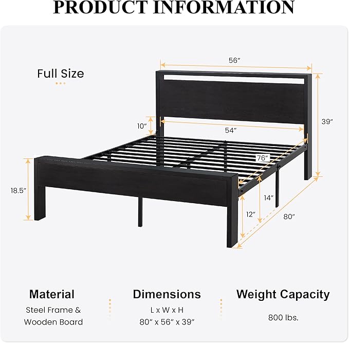 SHA CERLIN Full Size Bed Frame, Wooden Headboard and Footboard, Black Oak | Rounded Corners, 12 Metal Slats, Noise-Free Design, 12-Inch Storage, No Box Spring, 40-Minute Assembly