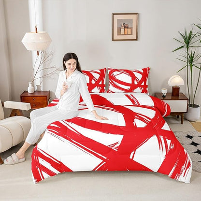 Red and White Abstarct Comforter Set Twin Size for Kids Boys Girs,Graffiti Stripes Lines Bedding Set,Aesthetic Geometric Duvet Insert for Minimalists,Contemporary Boho Modern Art Quilt