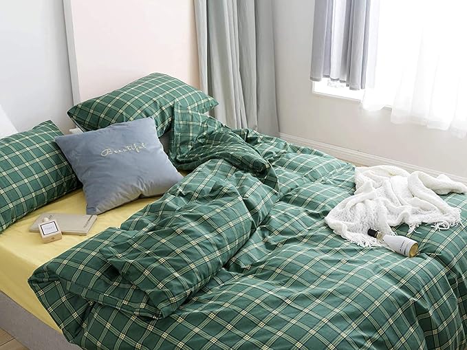 Houseri Plaid Comforter Set King Size - Emerald Green Bedding Set with Buffalo Checkered Pattern - Dark Green Comforter and Blankets
