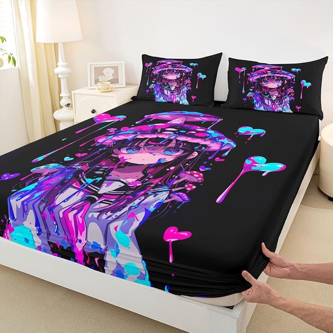 Erosebridal Mushroom Girl Fitted Sheet Twin 3D Japanese Girly Bed Sheets for Boys Girls Watercolor Graffiti Bed Set Cute Anime Gifts Sheets with 1 Pillowcase
